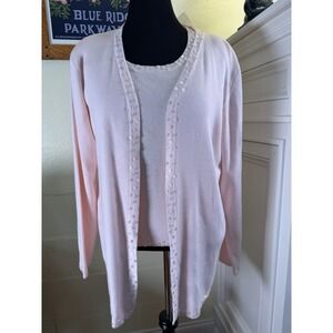 Side Effects 2 Pc Pink Beaded Sweater Set Cardigan Shell Women L NWT